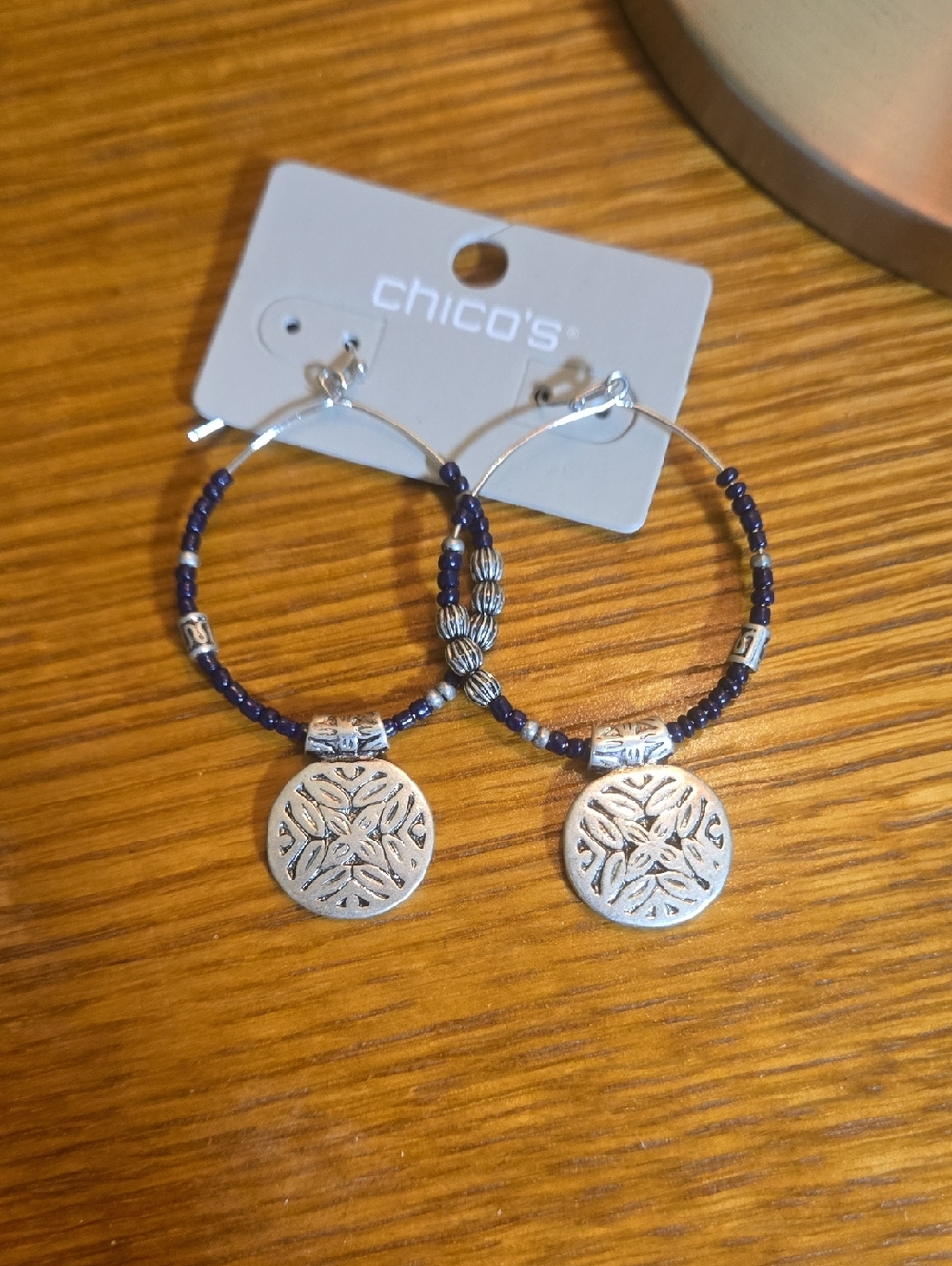 Chico's Deep Blue Beaded Hoop Earrings with Silver Medallion